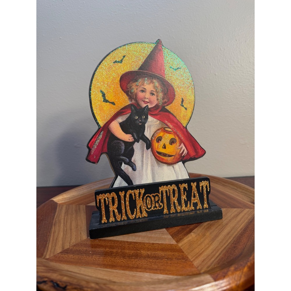 Hobby Lobby Vintage Style Halloween Witch Black Cat Trick or Treat Wood Decor